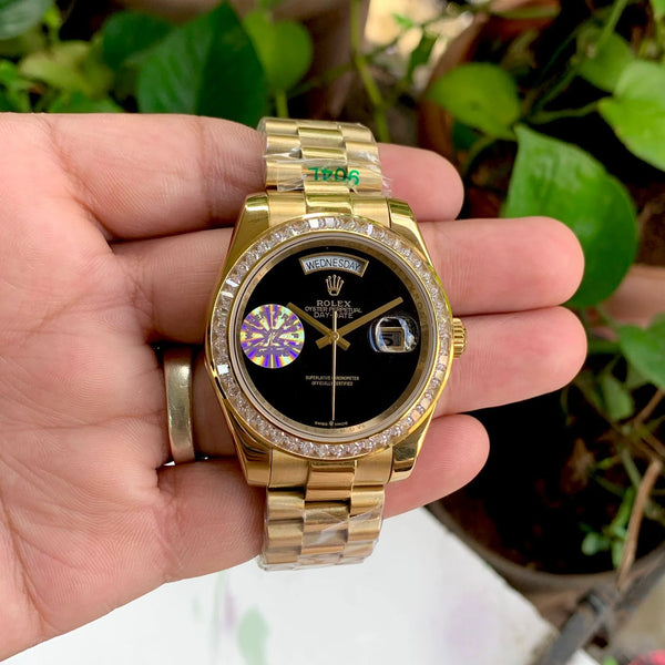 Rolex DayDate Gold Black Dial Diamond Bezel