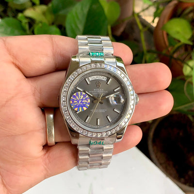 Rolex DayDate Silver Yz Dial Diamond Bezel