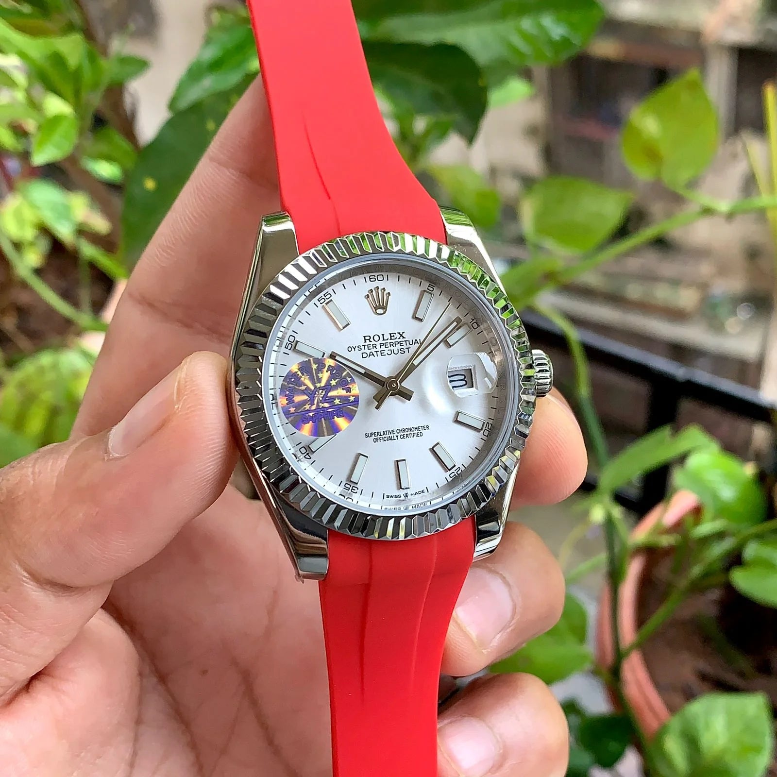 Rolex DateJust White Dial Red Strap Automatic