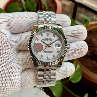 Rolex DateJust Fluted Bezel Silver Chain White Dial ZR