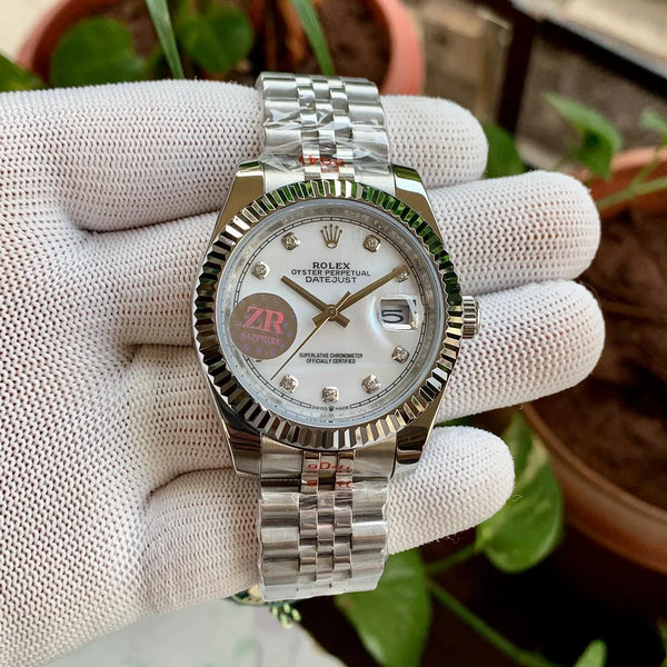Rolex DateJust Fluted Bezel Silver Chain White Dial ZR